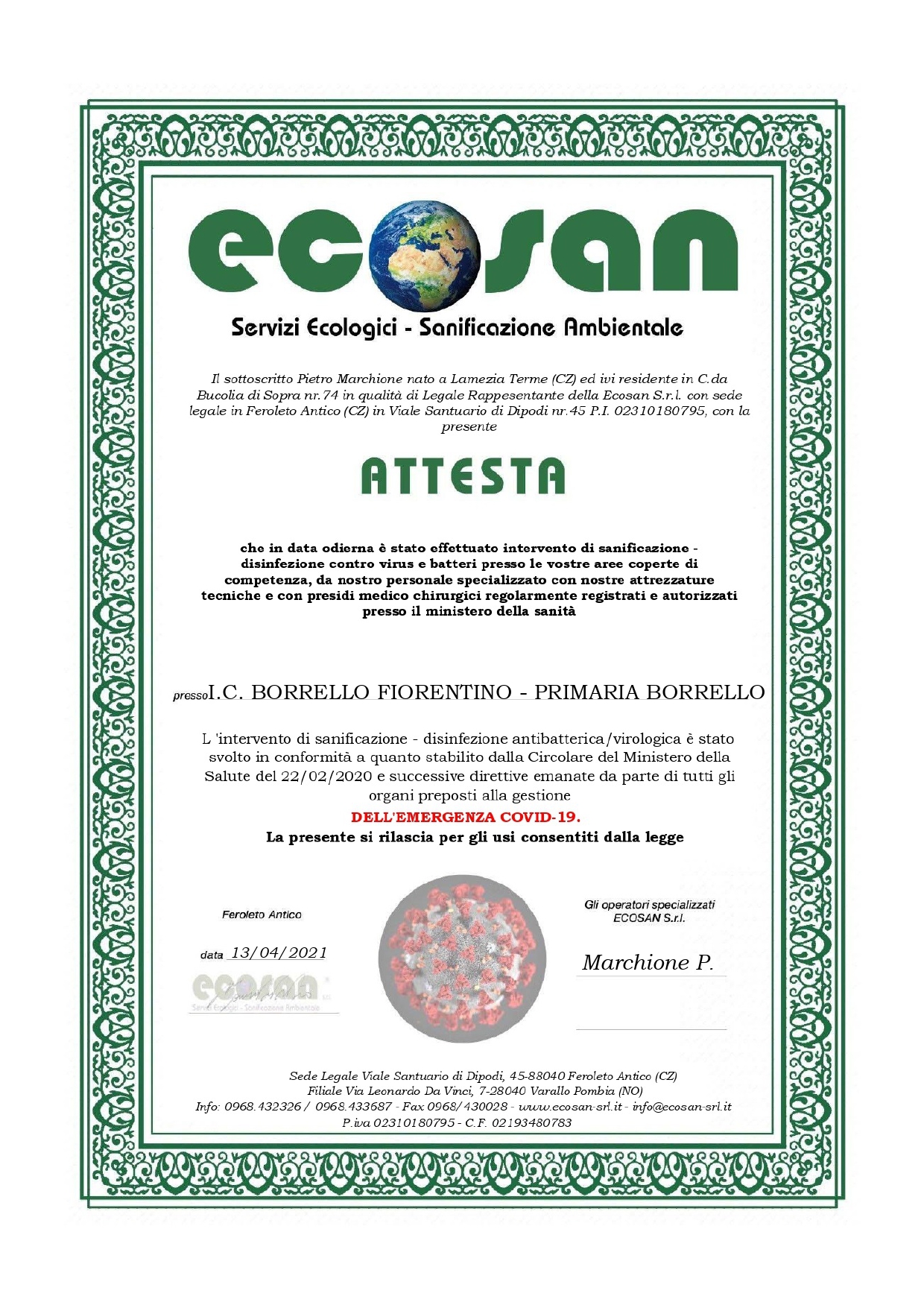 ATTESTATO SANIFICAZIONE 